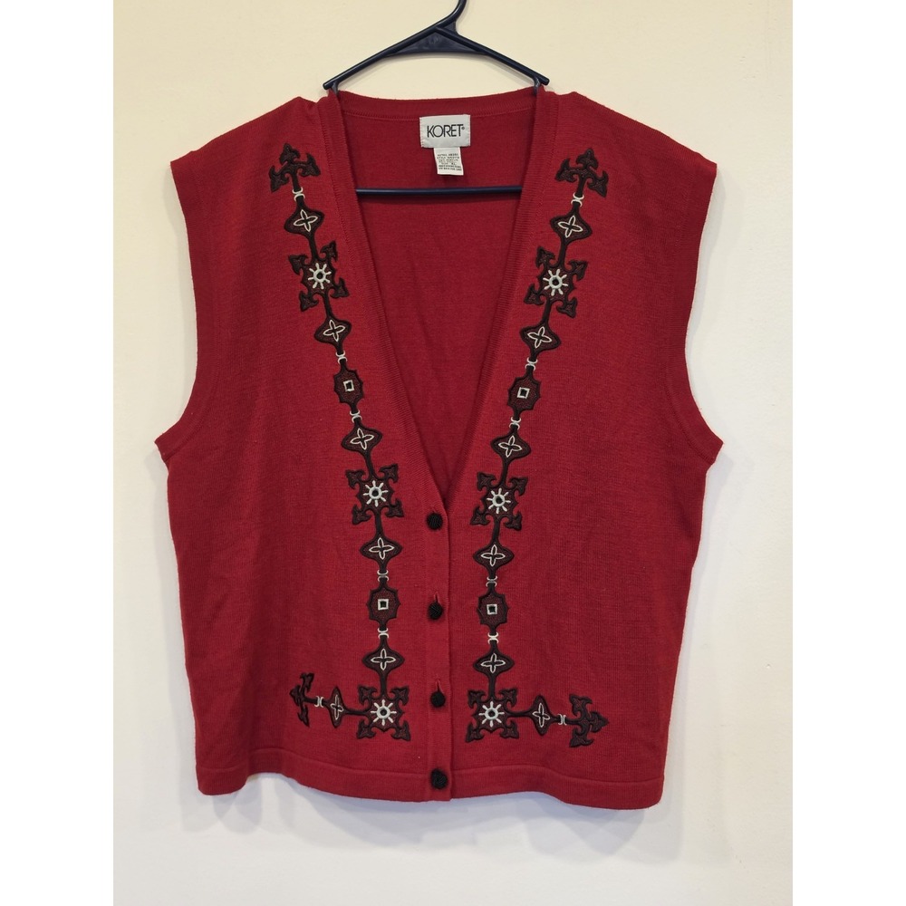 Vintage Koret Sweater Vest XL Red Wool Blend Embroidered Christmas Holiday 90'S